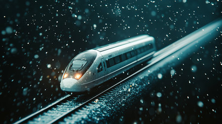 A sleek high-speed train moves along tracks during a winter night, surrounded by falling snow. The scene captures the elegance and motion of modern transport.の素材
