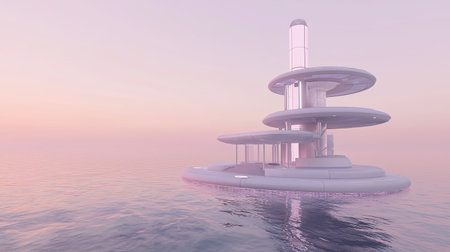 A stunning futuristic floating structure emerges from calm waters at sunrise, showcasing modern design and serene beauty in soft pastel hues.の素材