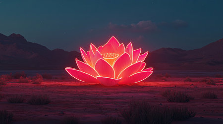 A stunning glowing neon lotus flower rests in a serene desert landscape at dusk, showcasing vibrant colors and captivating illumination that inspires tranquility.の素材