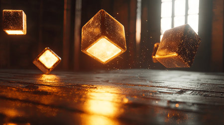 A stunning visual of glowing cubes floating in a rustic environment, casting warm reflections on a wooden surface, creating a captivating and surreal atmosphere.の素材