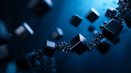 A captivating abstract image featuring floating cubes in a dark blue background, showcasing a blend of geometry and digital aesthetics in a modern context.の素材