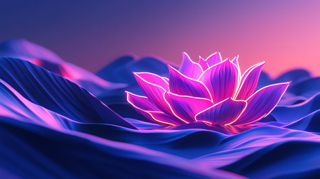 A stunning glowing lotus flower emerges from abstract waves, bathed in vibrant purple hues. This artistic representation evokes beauty, peace, and serenity.の素材