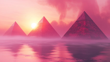 Experience a serene sunset with pyramids rising majestically above tranquil waters, creating a dreamlike atmosphere filled with vibrant pink hues and soft reflections.の素材