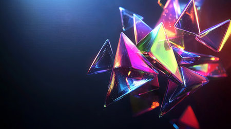 A stunning composition of colorful prism shapes floating on a dark background, showcasing reflections and vibrancy, perfect for modern artistic designs.の素材