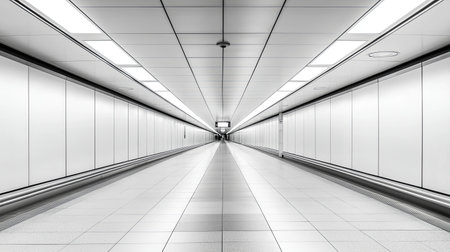 A spacious modern corridor featuring clean lines and bright lighting, evoking a sense of minimalism and contemporary design ideal for travel themes.の素材