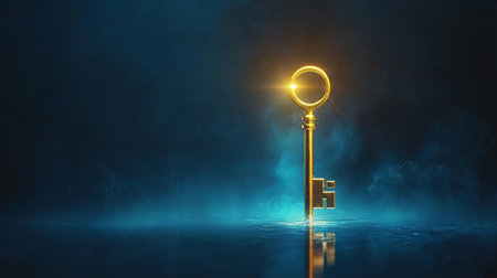 A stunning golden key stands tall, shining brightly against a mystical blue background, symbolizing access to hidden potential and new opportunities.の素材