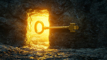 A golden key shines brightly at the entrance of a rocky cave. The warm light radiates from within, suggesting a hidden treasure waiting to be discovered.の素材