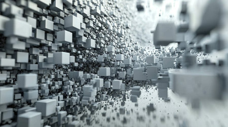 A captivating abstract scene featuring gray cubes in dynamic motion, creating an intriguing 3D texture and depth. Ideal for modern design projects.の素材