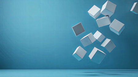 A stunning composition featuring floating white cubes against a calming turquoise background. This minimalist design evokes a sense of modernity and creativity.の素材