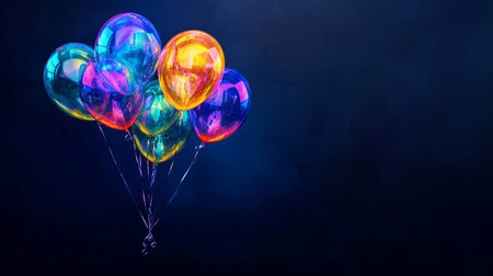 A stunning arrangement of colorful reflective balloons floats against a dark backdrop, creating a joyful and festive atmosphere. Perfect for celebration themes.の素材