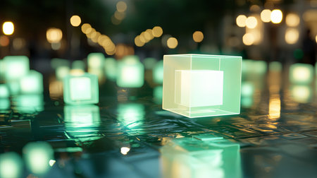 A captivating scene featuring glowing transparent cubes amidst a dreamy bokeh background. Perfect for evoking tranquility and modern design themes.の素材