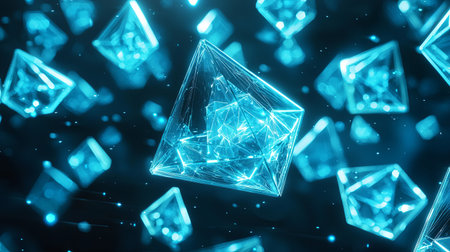 Abstract image of glowing geometric shapes in neon blue light, floating against a dark background. This visualization evokes modernity and technology.の素材