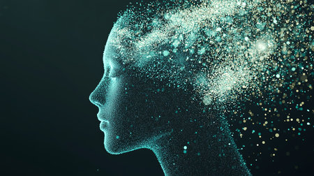 This enchanting image features a woman's profile made of shimmering particles, representing imagination and creativity. A blend of mystery and beauty.の素材
