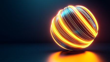 A stunning abstract sphere illuminated with vibrant orange and blue stripes against a dark backdrop, ideal for modern digital design projects.の素材
