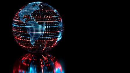 A captivating digital globe showcasing vibrant blue and red light effects against a black background. Ideal for technology and global communication themes.の素材