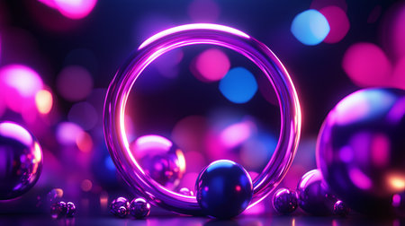 This vibrant abstract image features colorful spheres and rings illuminated by neon lights, creating a playful and energetic atmosphere. Perfect for modern design projects.の素材