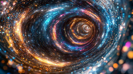 A stunning visualization of a colorful spiral galaxy filled with bright stars and cosmic energy swirls, evoking feelings of wonder and exploration.の素材