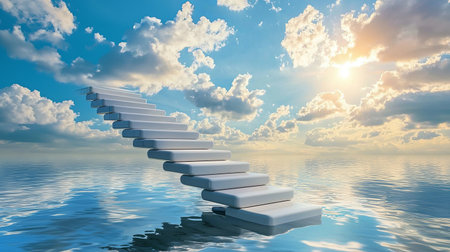 A surreal scene featuring a white staircase emerging from calm water, leading into a bright blue sky filled with fluffy clouds, symbolizing aspiration and tranquility.の素材