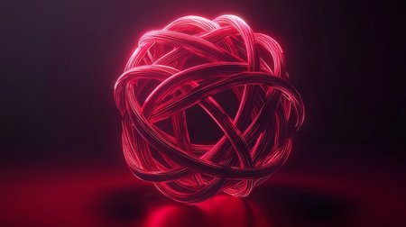 This striking abstract image features a red light sphere with intricate interwoven lines. The vibrant design creates an energetic and modern visual effect.の素材