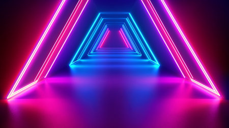 A mesmerizing futuristic tunnel featuring vibrant neon lights in blue and pink tones. The triangular design creates an immersive atmosphere, perfect for modern art projects.の素材