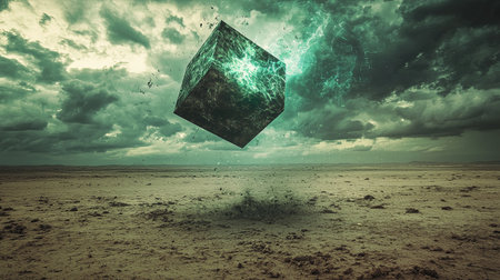 A surreal scene featuring a floating cube in a barren landscape under dark clouds, evoking a sense of mystery and transformation.の素材