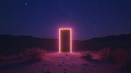 A captivating glowing door stands alone in a quiet desert landscape under a starry night sky, symbolizing adventure and the unknown in a surreal atmosphere.の素材