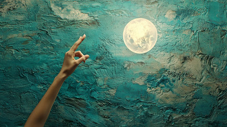 A serene hand extends towards a glowing moon set against a textured blue wall, creating a dreamy and imaginative atmosphere filled with wonder and beauty.の素材