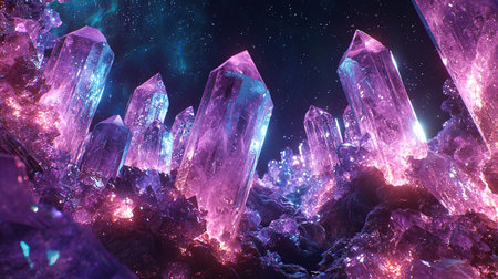 A mesmerizing scene featuring brilliant pink and purple crystals in a cosmic landscape. The luminous formations create an enchanting atmosphere, inviting exploration.の素材