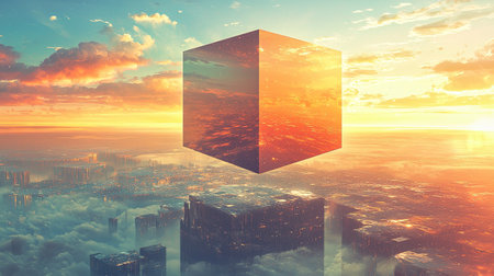 A mesmerizing floating cube illuminated by a vibrant sunset casts reflections over a surreal cityscape amidst soft clouds, evoking a sense of wonder.の素材