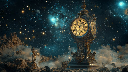 A stunning golden clock stands prominently against a cosmic backdrop filled with stars and nebulae, evoking a sense of timeless wonder and celestial beauty.の素材