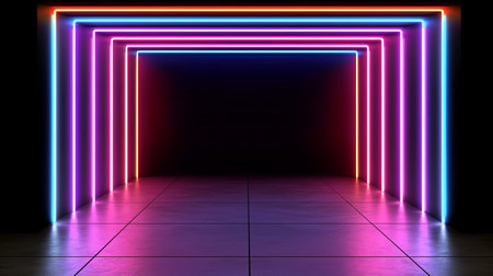 A captivating scene featuring a neon-lit archway against a dark background, showcasing vibrant colors and reflective tiles for a modern, dynamic aesthetic.の素材