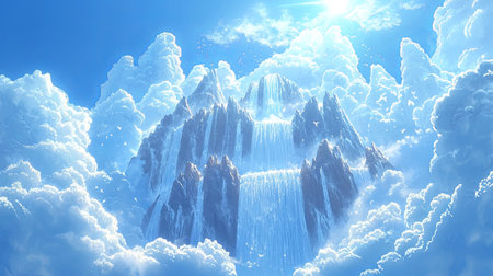 A breathtaking scene showcasing a majestic waterfall cascading down rocky peaks amidst fluffy white clouds, illuminated by bright sunlight.の素材