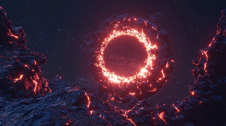 A stunning visual of a fiery lava ring in a dark cosmic landscape at night, illuminating the rocky surroundings with bright, surreal light.の素材
