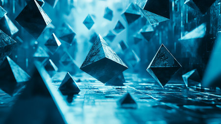 A mesmerizing scene featuring floating pyramid shapes in a blue digital atmosphere, creating an imaginative and futuristic environment. Perfect for technology and abstract themes.の素材