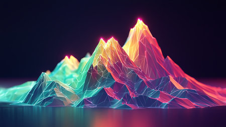 This stunning digital artwork showcases a vibrant geometric mountain range illuminated in neon colors, creating a captivating and futuristic landscape.の素材