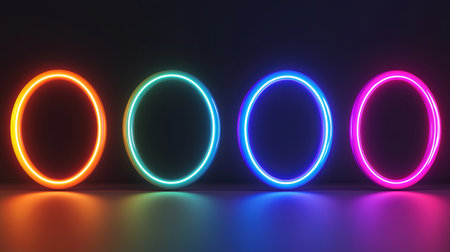A stunning display of neon circles in vibrant colors illuminates a dark background, creating an engaging and modern visual that captures attention.の素材