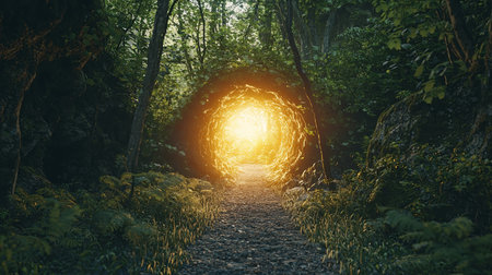 A mesmerizing glowing portal emerges from a lush forest, illuminating a tranquil pathway. Sunlight filters through trees, creating an enchanting atmosphere perfect for exploration.の素材