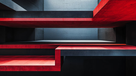 This abstract image features bold red and black geometric structures, showcasing a minimalist design with sharp angles and clean lines, perfect for modern themes.の素材
