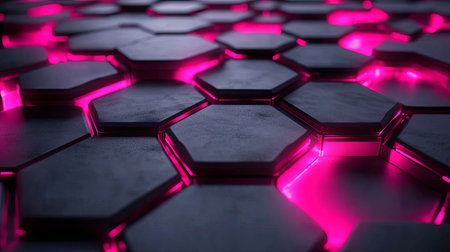 A striking visual of hexagonal shapes featuring a glowing pink light on a dark surface. Ideal for technology and modern design themes.の素材