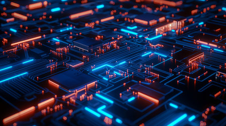 A mesmerizing abstract view of a circuit board illuminated with vibrant neon lights. This image captures the essence of modern technology and digital connectivity.の素材
