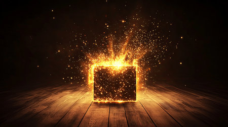 A captivating box radiates a fiery glow in a dark setting, surrounded by vibrant sparks. This image creates a magical atmosphere perfect for creative projects.の素材