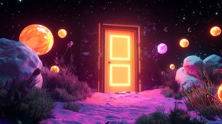 A surreal doorway glows brightly against a cosmic background, surrounded by vibrant planets and ethereal rocks, evoking a sense of adventure and exploration.の素材
