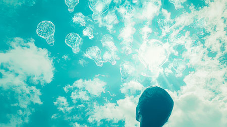 A silhouette of a person gazes upward at numerous light bulbs floating in a bright blue sky, symbolizing creativity, ideas, and limitless potential.の素材