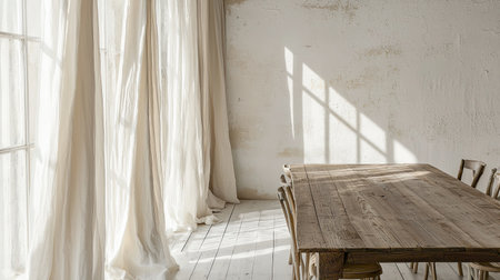 A bright and minimalist room featuring a rustic wooden table and soft, flowing curtains. The natural light creates a serene and inviting atmosphere, ideal for relaxation.の素材