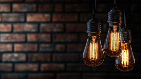 This image features vintage light bulbs hanging elegantly against a dark brick wall, creating a warm and inviting ambiance ideal for interior decor.の素材