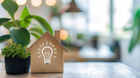 A stylish home decor setup featuring a wooden house with a light bulb symbol, complemented by a lush green plant, creating a cozy and inviting atmosphere.の素材