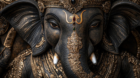 Explore the beauty and intricacy of this elegant black and gold statue of an elephant deity, showcasing stunning craftsmanship and deep cultural significance.の素材