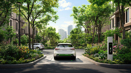 A modern electric vehicle charges in a vibrant urban setting surrounded by lush greenery and contemporary buildings, promoting sustainable and eco-friendly living.の素材