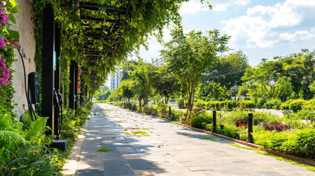 Discover a tranquil pathway adorned with lush greenery, flowers, and a bright blue sky, perfect for leisurely strolls and enjoying nature's beauty.の素材