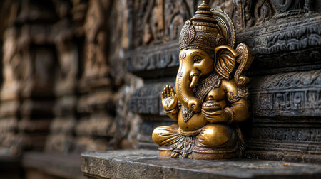 A beautifully crafted golden statue of Ganesh, set against an ornate temple backdrop, symbolizes spirituality and tradition in Hindu culture.の素材